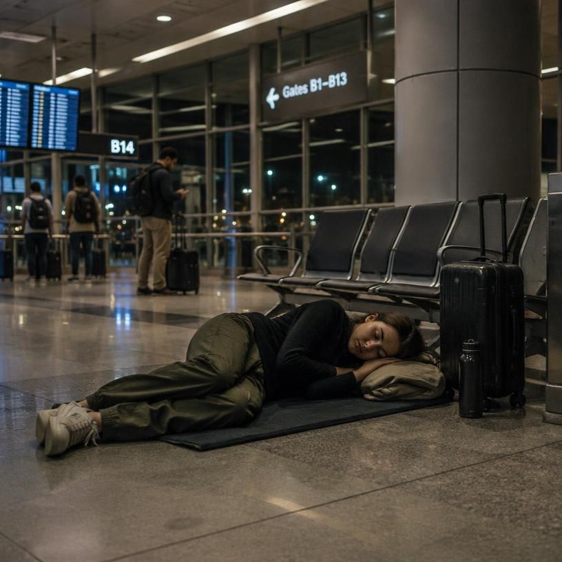 American tourist sparks debate for sleeping on airport floor rather than paying for hotel